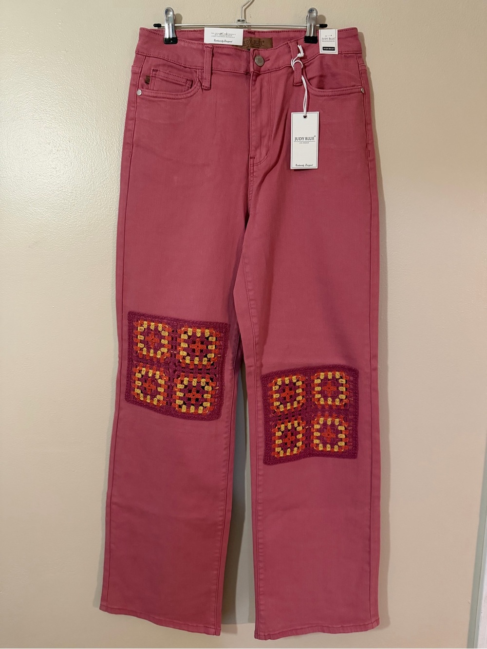 Judy Blue Rose-Pink Straight-Leg Jeans with Crochet Knee Patches